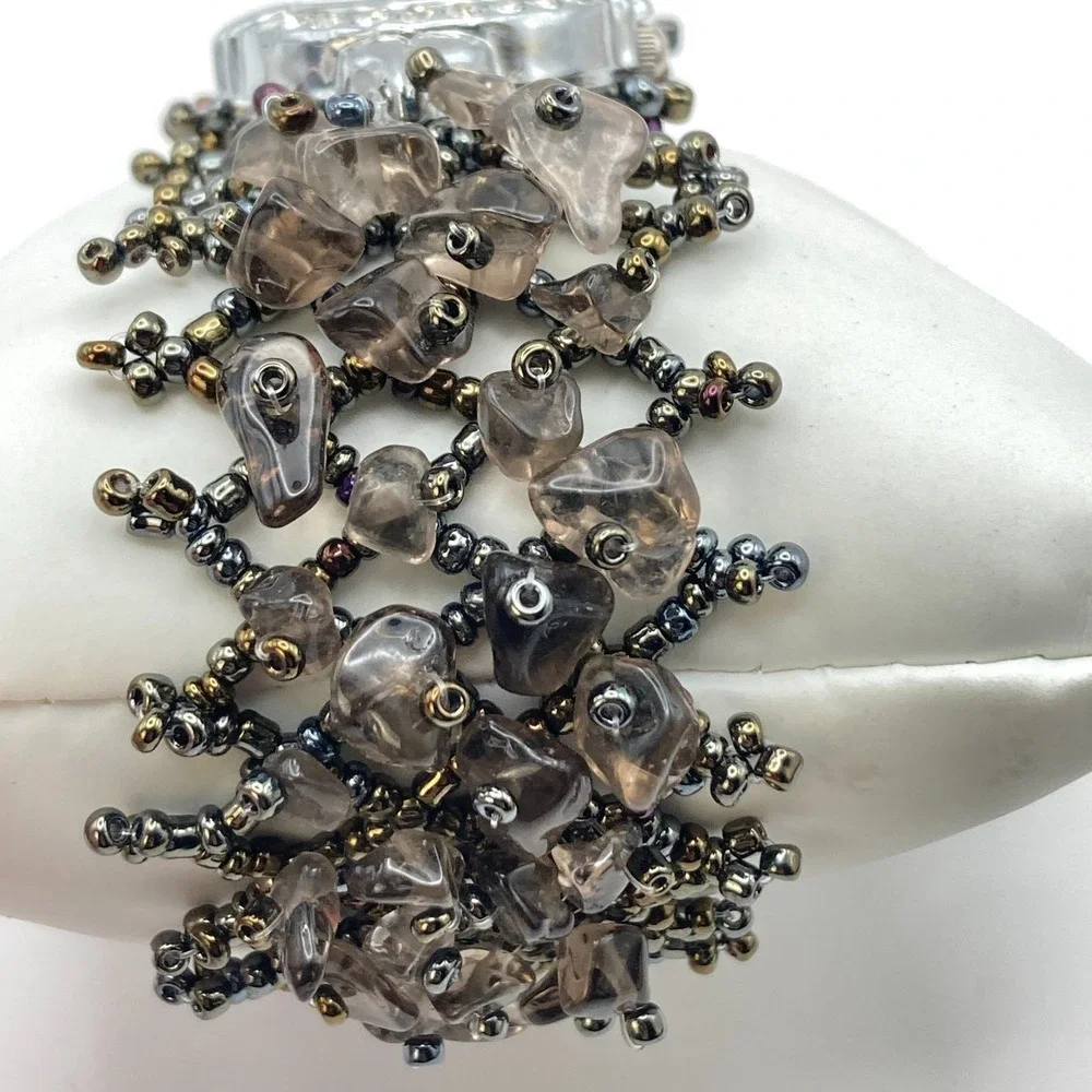 Artisan Womens Watch Beaded Gemstone Silver Tone Crystals New Battery 7.25